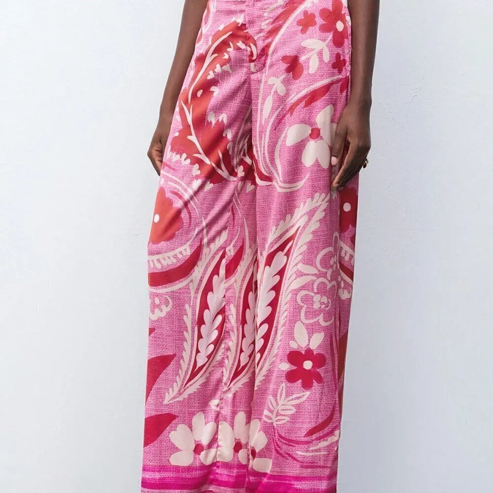 Hot Pink Casual Women's Floral Print Straight Leg Pants For Vacation - Picture 4 of 7